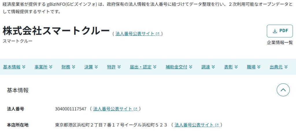 国税庁法人番号公表サイトで確認できる株式会社スマートクルー(法人番号3040001117547)の登記情報