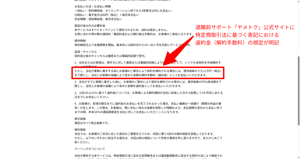 ヤメトクの特定商取引法に基づく表記における違約金(解約手数料)の規定