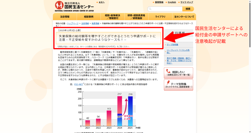 国民生活センターによる社会保険給付金サポートに関する注意喚起資料