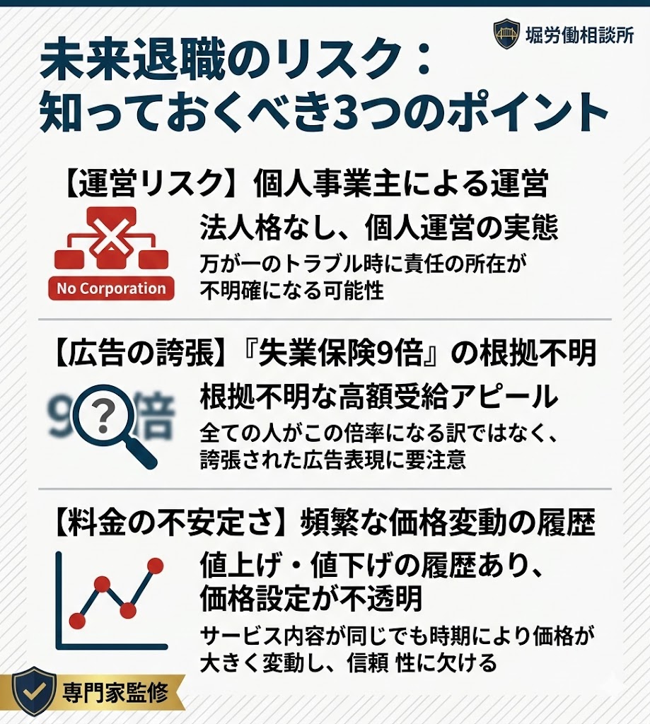 未来退職を利用する際の3つのリスク。個人運営による継続性の不安、広告表現の誇張、料金の頻繁な変更を図解。