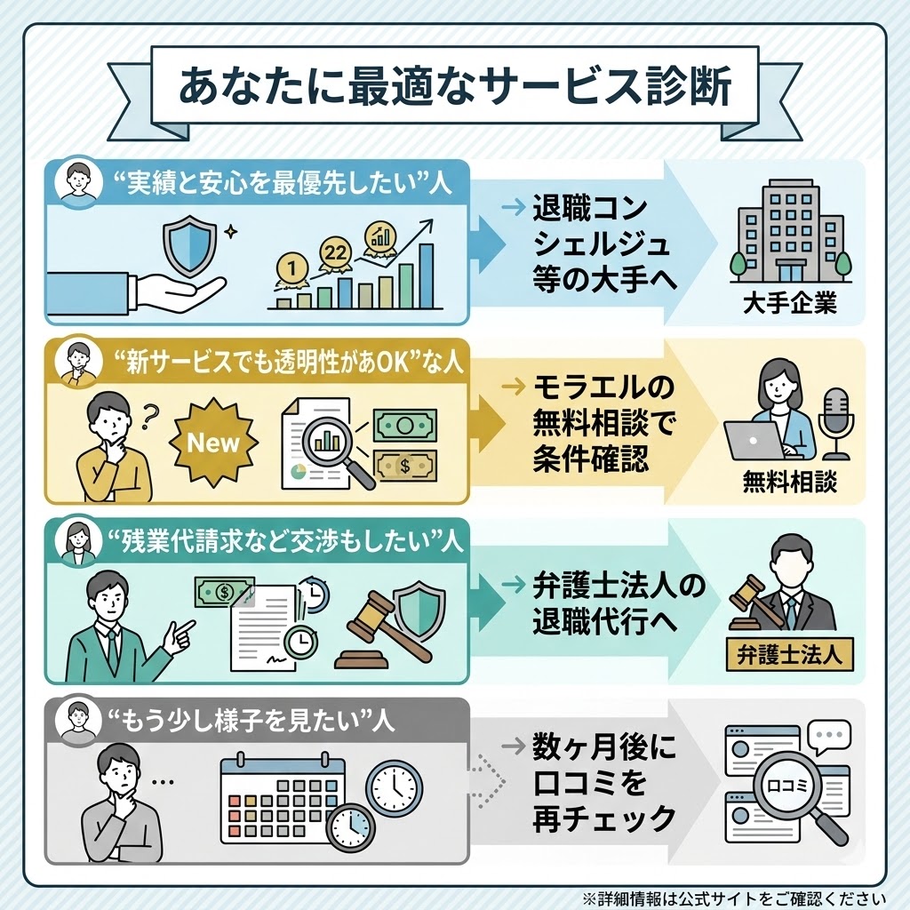 状況別のおすすめ退職サポート選択肢。実績重視、新サービス検討、交渉希望などのニーズに合わせたチャート。