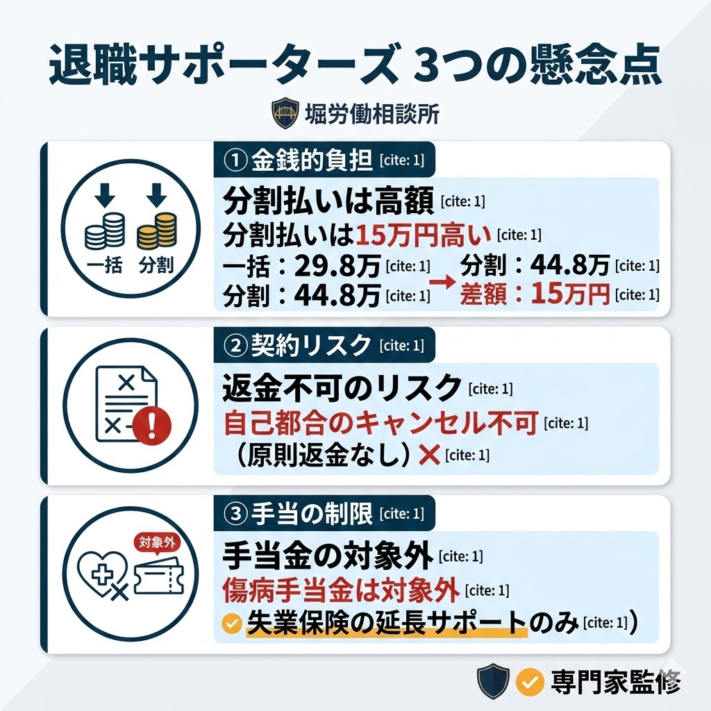 退職サポーターズの主なデメリット。分割払いの差額、返金条件の限定性、傷病手当金が対象外であることのまとめ。