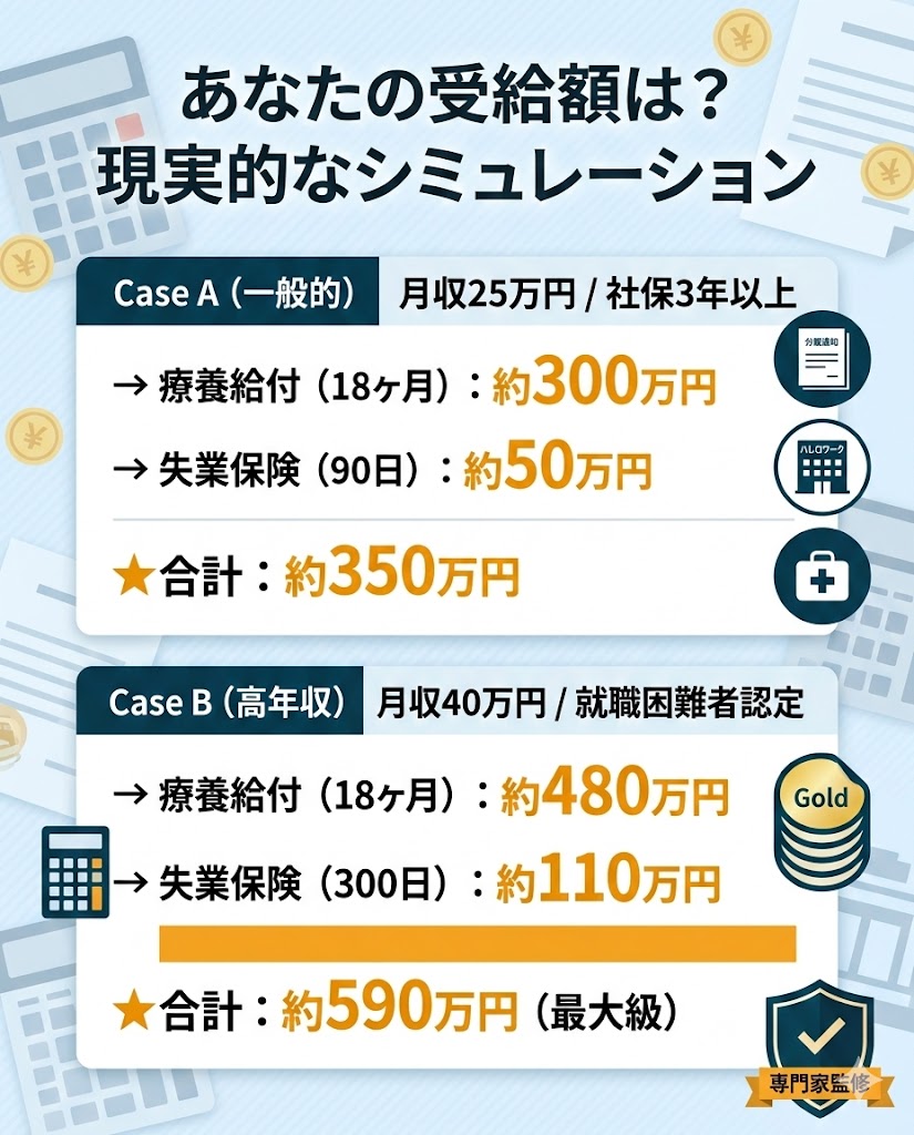 退職後の給付金受給額シミュレーション。月収25万円なら約350万円、月収40万円なら約590万円の受給目安を図解。