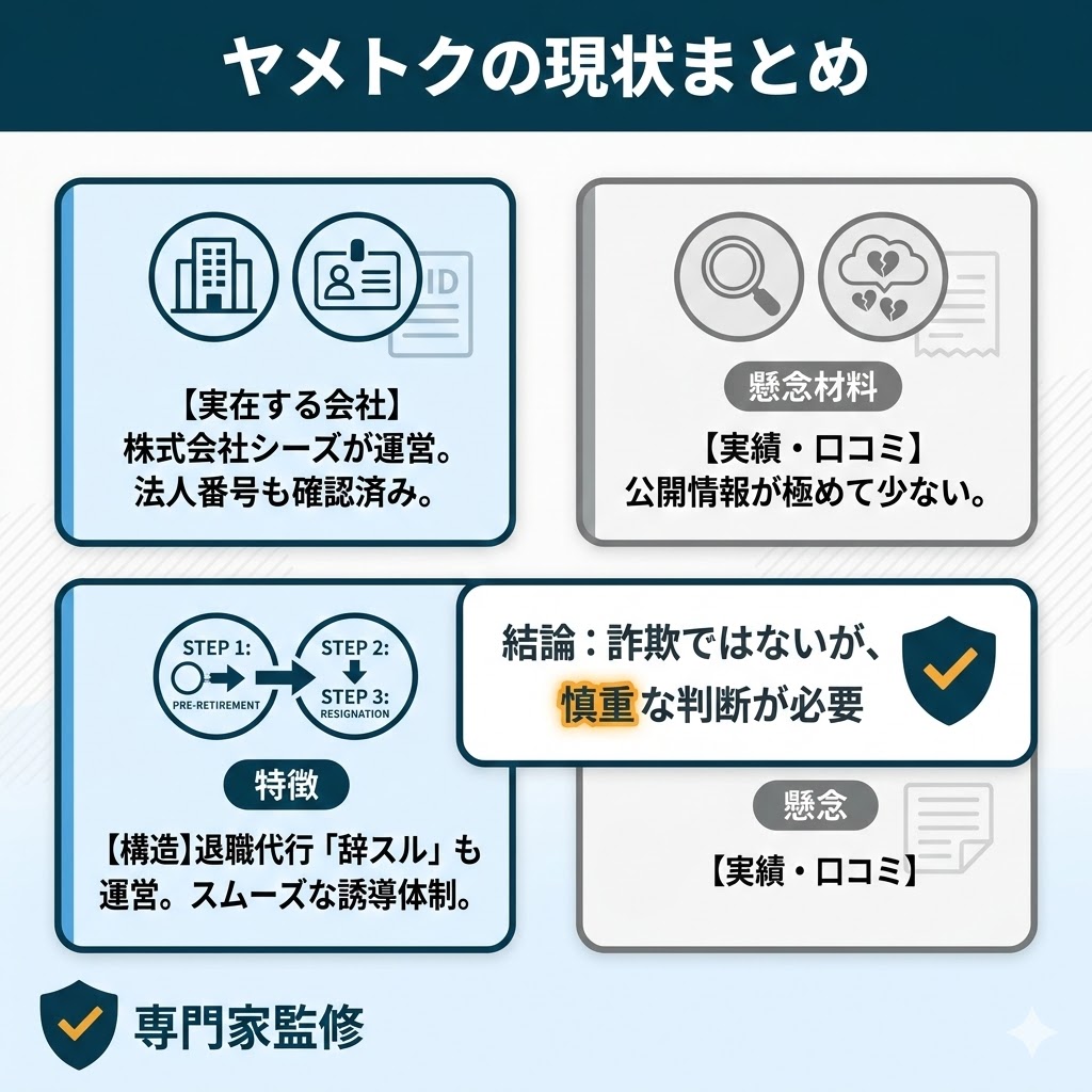 ヤメトクの運営会社情報と現状のまとめ図解。実在する会社だが実績や口コミが少ない点を強調。