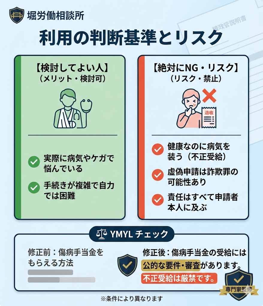 退職給付金サポートの利用判断基準。病気やケガで困っている場合は検討可、ただし健康な状態での虚偽申請は不正受給リスクあり。