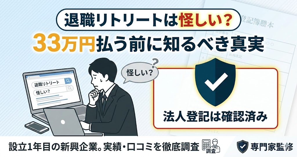 退職リトリートの評判・口コミ調査記事のアイキャッチ。33万円の料金や運営実態について解説。