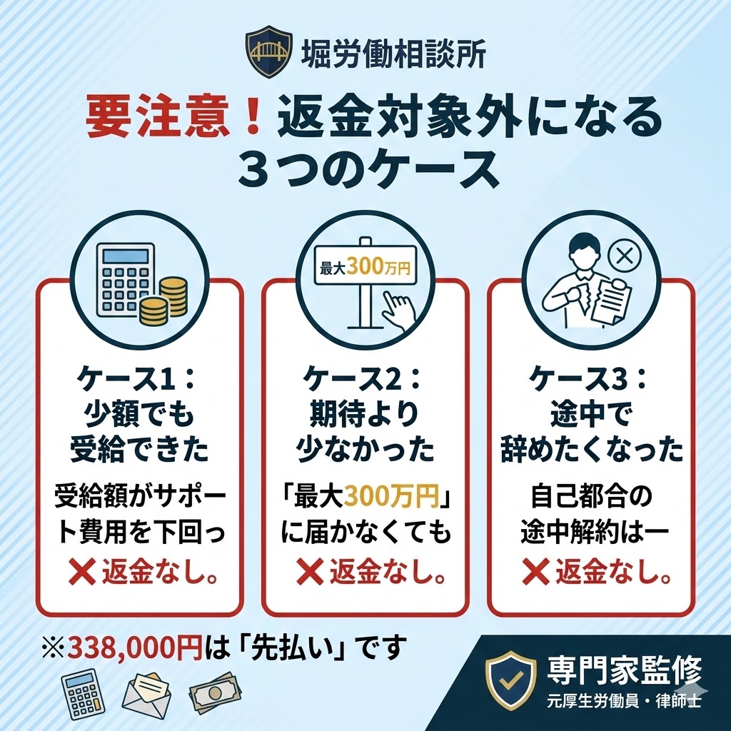 退職リトリートの返金保証に関する注意点。少額受給や途中解約は返金対象外になるリスクを説明。