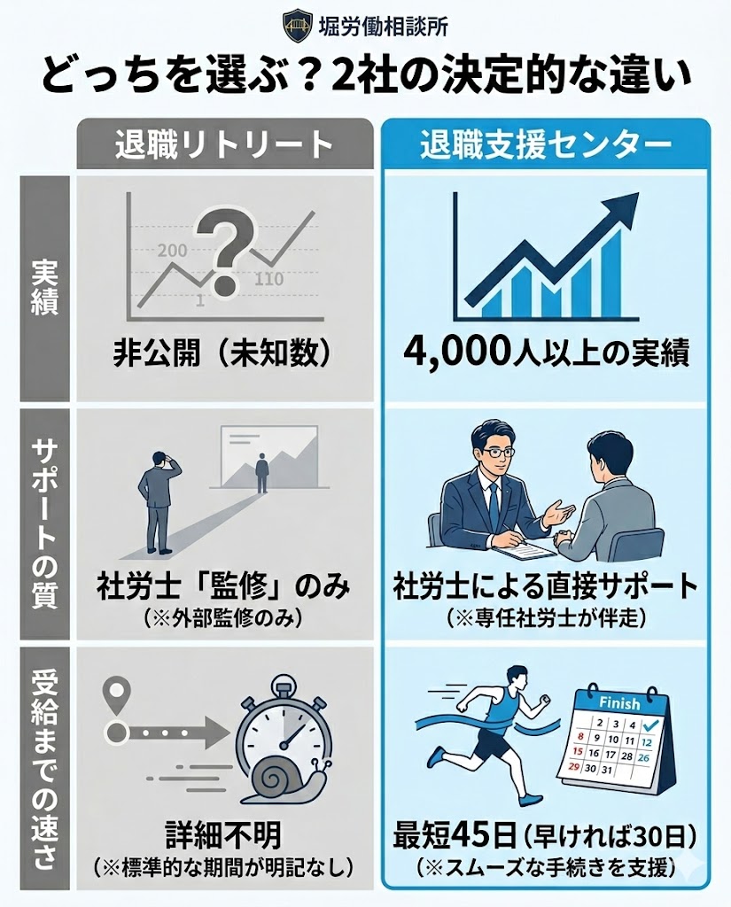 退職リトリートと退職支援センターの比較表。実績数やサポート体制の違いを分かりやすく対比。