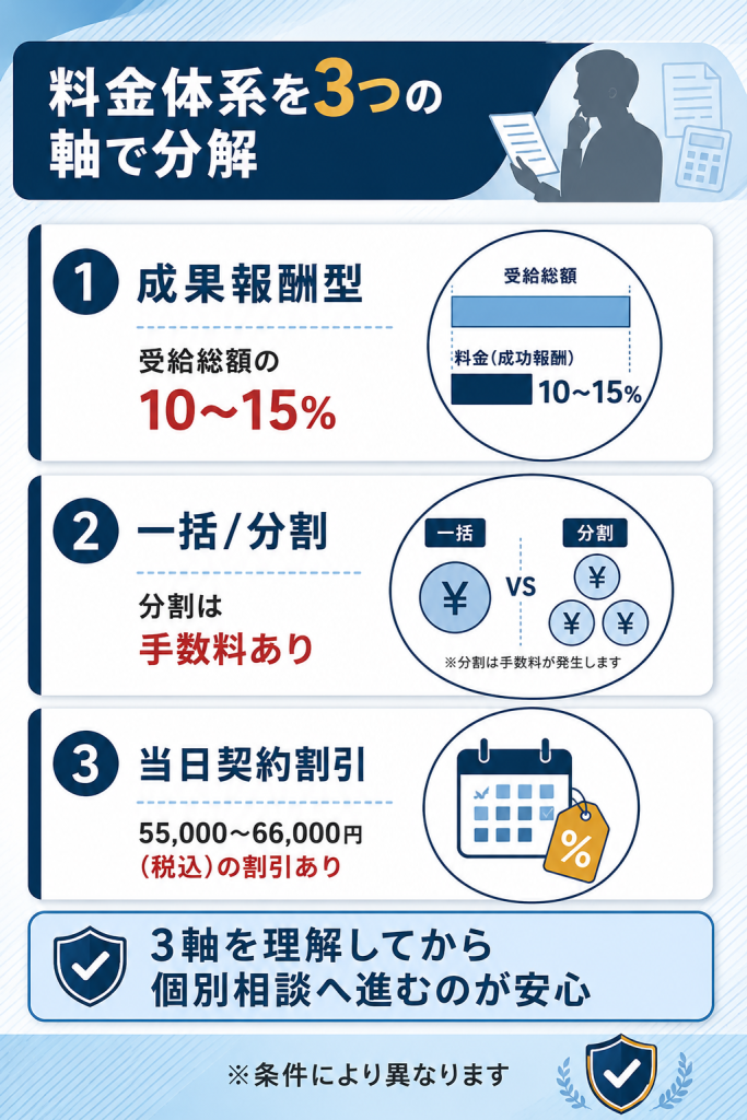 退職コンシェルジュの料金体系を成果報酬型・一括分割・当日契約割引の3軸で分解した図解