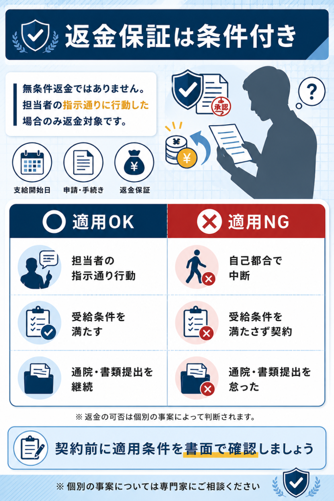 退職コンシェルジュの全額返金保証が条件付きで適用される適用OK/NG対比図解