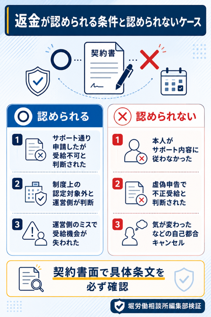 退職コネクトの返金が認められる3条件と認められない3ケースの並列対比図解