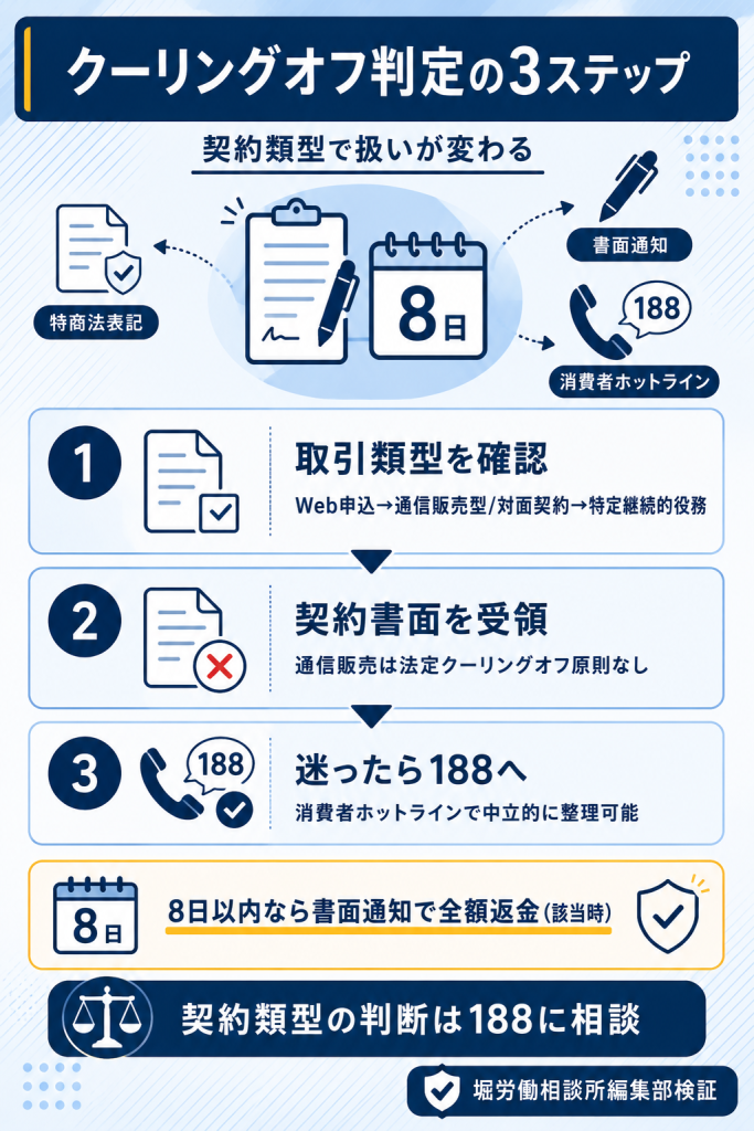 Web申込のクーリングオフ判定3ステップフロー図解