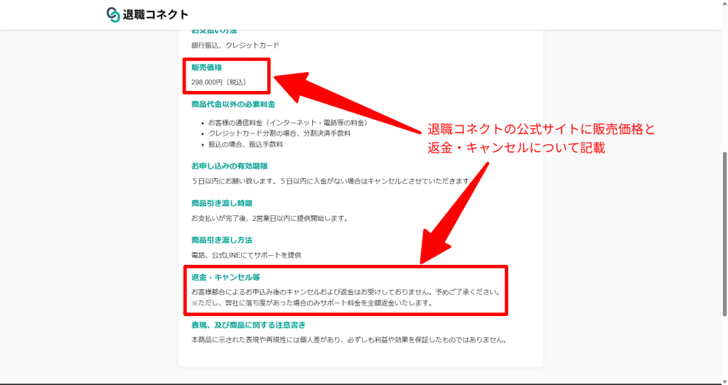 退職コネクトの特定商取引法表記の販売価格298,000円(税込)と返金条件のスクリーンショット