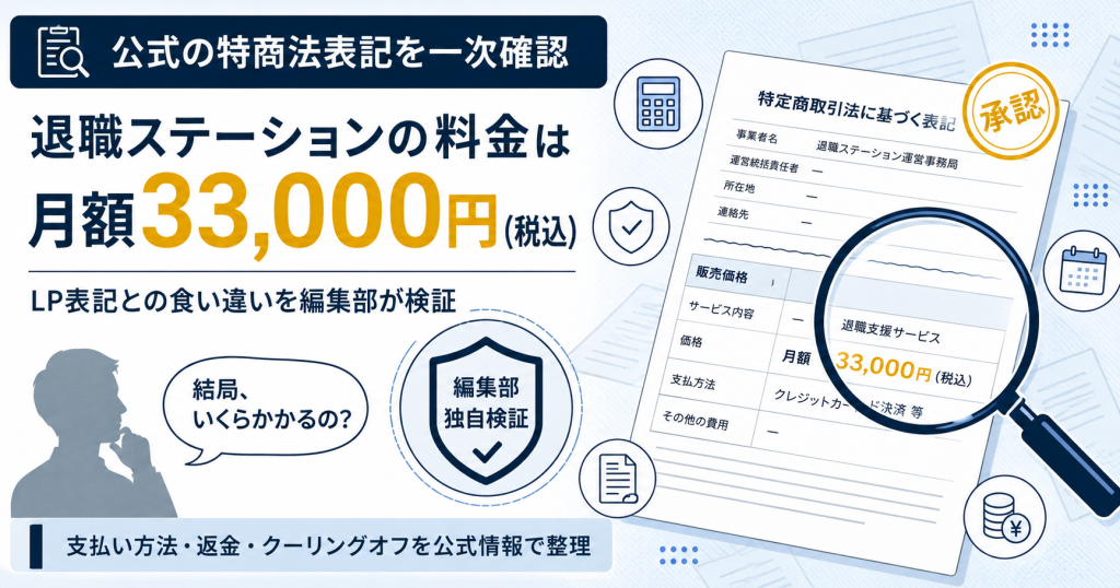 退職ステーションの料金は月額33,000円という結論を、公式の特商法表記から編集部が一次確認した検証イメージ