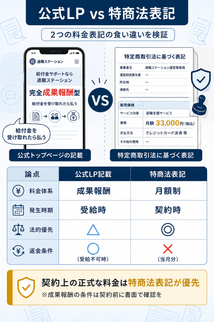 公式LPの完全成果報酬型表記と特商法表記の月額33,000円という2つの料金記載を並べて中立的に対比した比較表