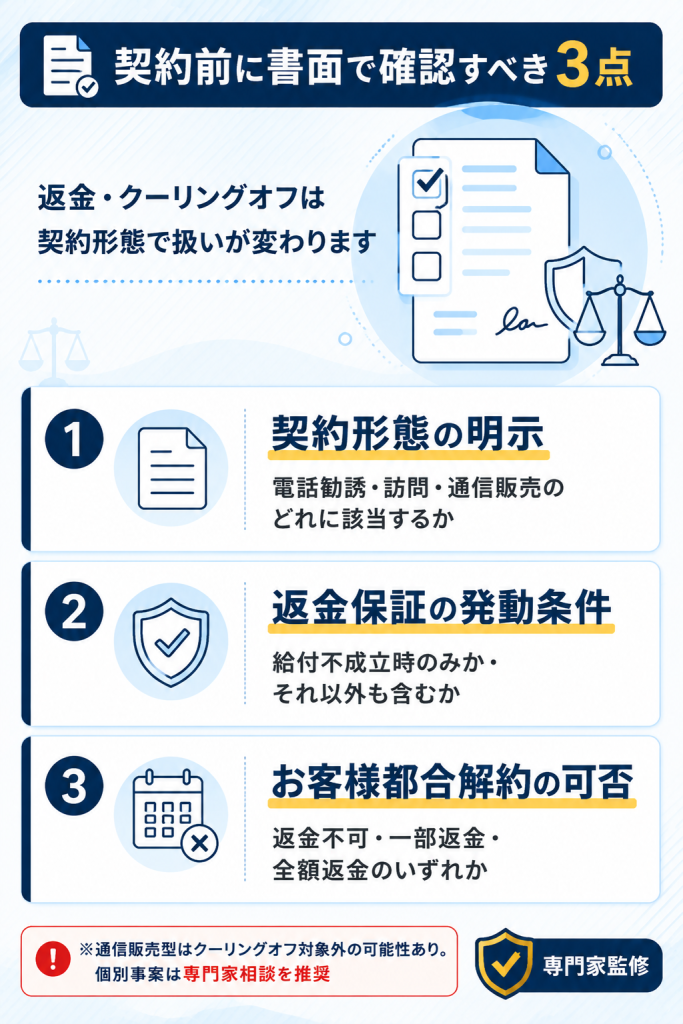 契約形態・返金保証・お客様都合解約の3点を整理した契約前チェックリスト