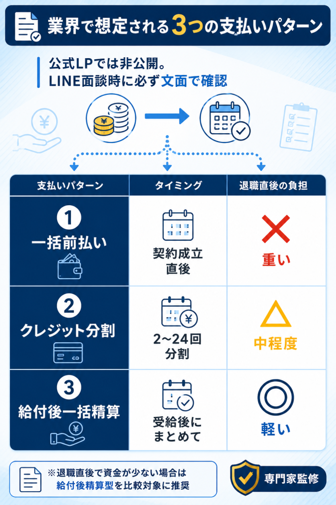 一括前払い・クレジット分割・給付後一括精算の3パターンを比較した支払い方法表
