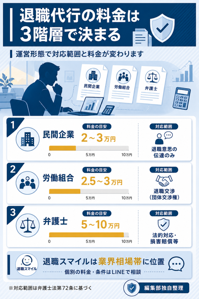退職代行業界の料金が運営形態（民間・労組・弁護士）の3階層で決まることを示す比較図