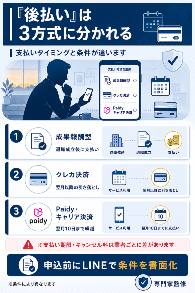 退職代行の「後払い」が成果報酬型・クレカ決済・第三者決済の3方式に分かれることを整理した図解