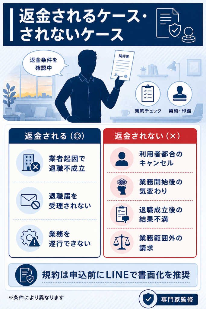 退職代行の返金保証が適用される条件と適用されないケースを両論併記で整理した比較表