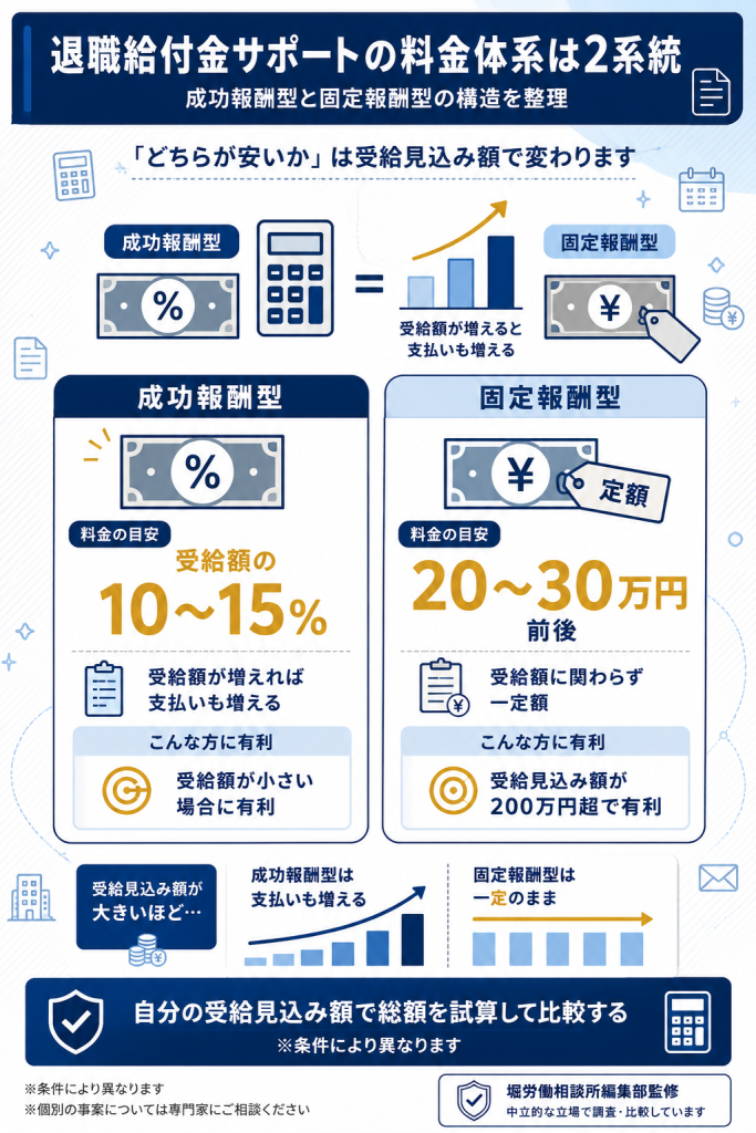 退職給付金サポートの料金体系。成功報酬型（受給額の10〜15%）と固定報酬型（20〜30万円前後）の構造的対比