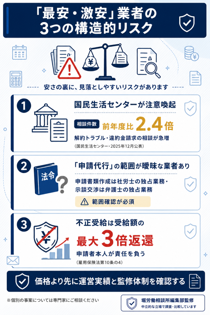 「最安・激安」業者の3つの構造的リスク。国民生活センター注意喚起・社労士法/弁護士法のグレーゾーン・不正受給の3倍返還ペナルティ