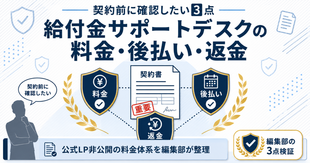 給付金サポートデスクの料金・後払い・返金を契約前に確認すべき3つの論点を編集部が整理した図解