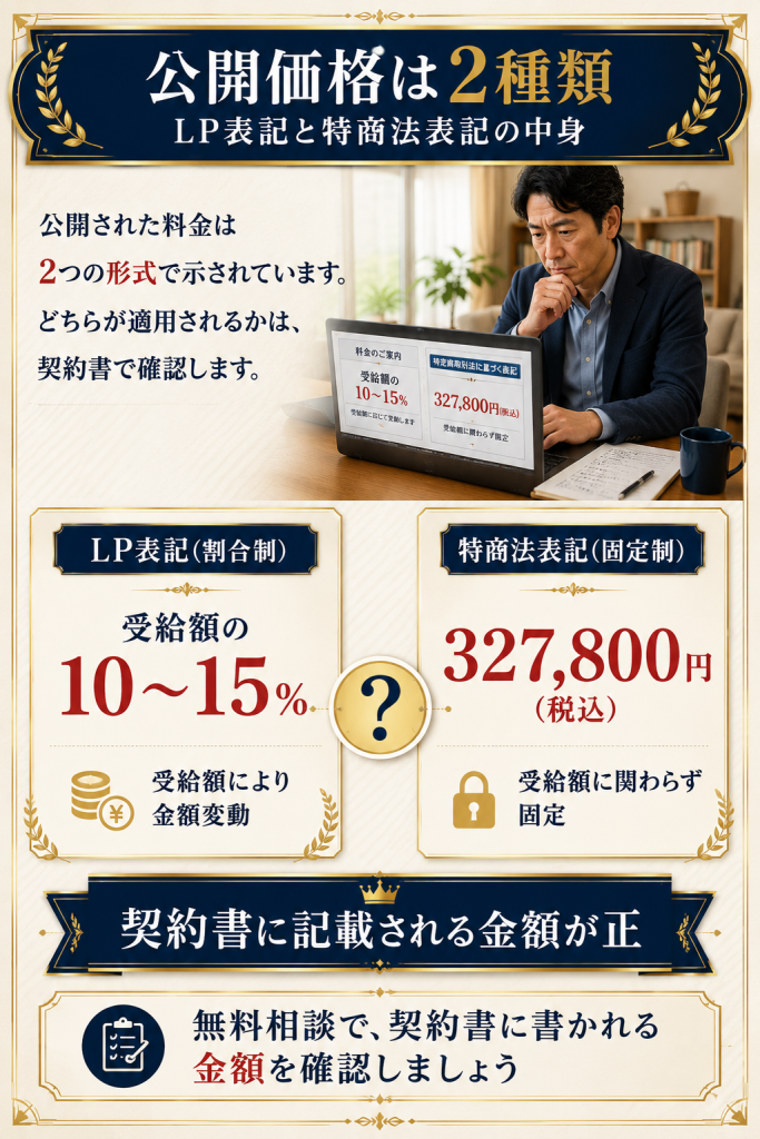 LP表記10〜15%と特商法表記327,800円の2種類料金体系の対比図