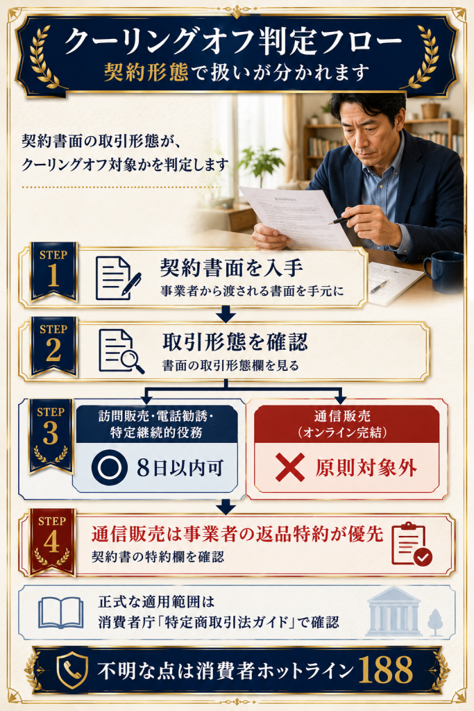 契約形態別のクーリングオフ可否判定フロー