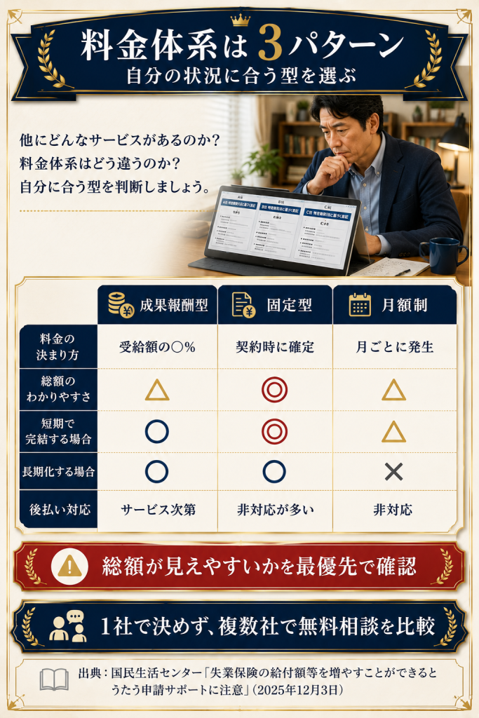 申請サポート業界の料金体系3パターン(成果報酬・固定・月額)の比較表