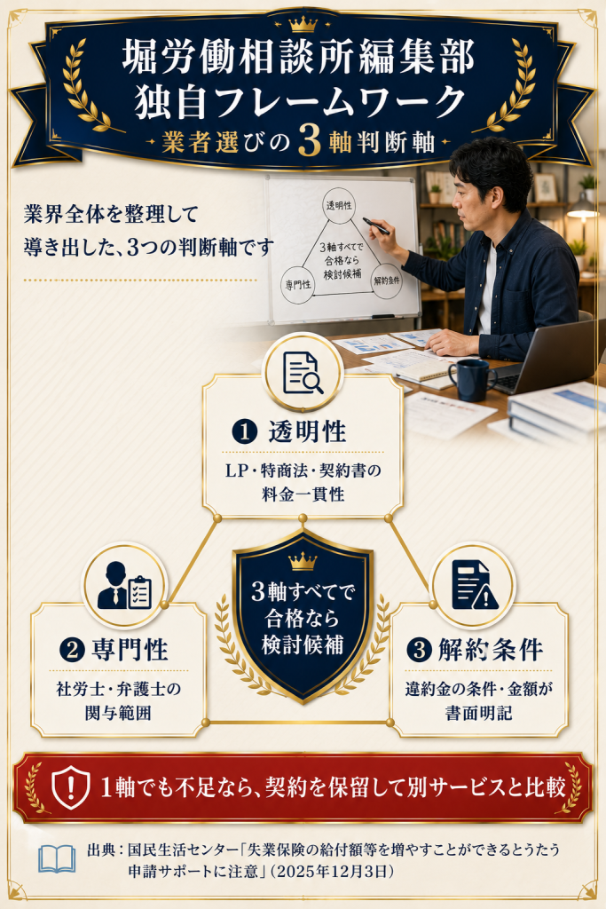 堀労働相談所編集部独自の業者選び3軸判断軸(透明性・専門性・解約条件)の可視化