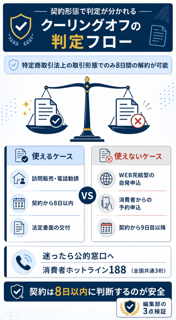 クーリングオフが使えるケース(訪販・電勧)と使えないケース(WEB自発申込)の対比図解