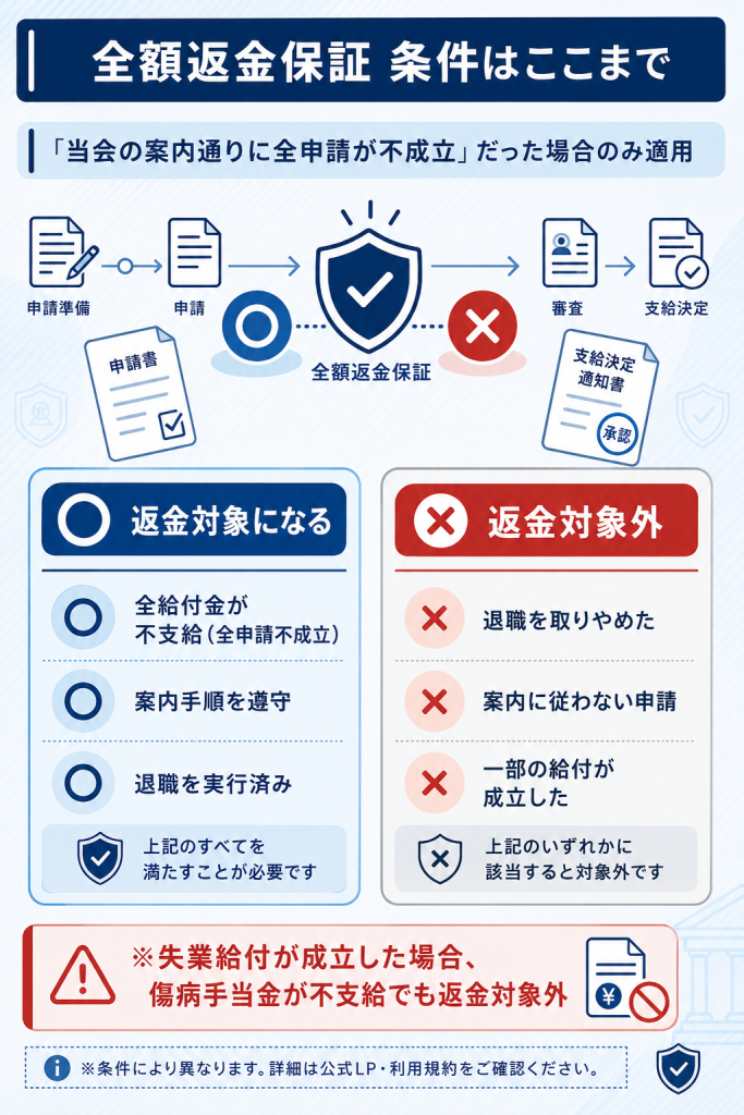 全額返金保証の対象になるケースと対象外ケースを対比で整理した図解