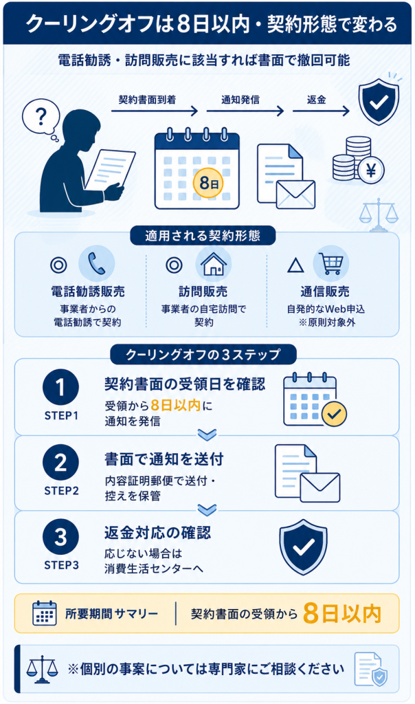 クーリングオフの適用契約形態と書面通知3ステップを示す図解