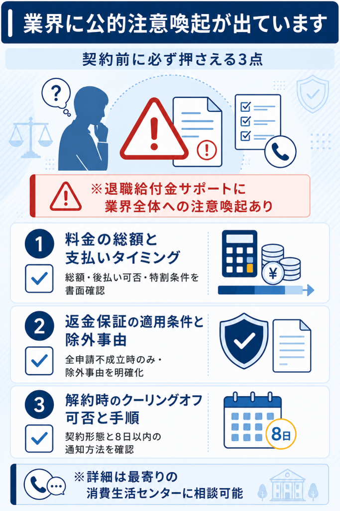 業界への公的注意喚起と申込前の確認3点チェックリスト図解