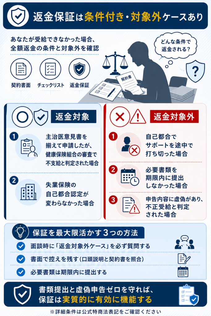 全額返金保証の発動条件と対象外ケースを両論併記で示した判定図