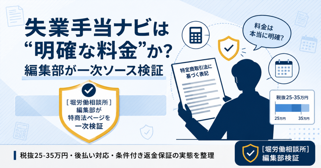 失業手当ナビの料金・後払い・返金・クーリングオフを堀労働相談所編集部が一次ソースで検証した結果を整理した図解