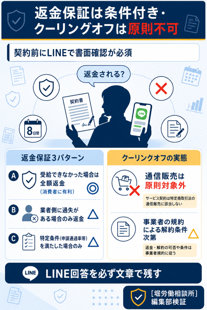 失業手当ナビの返金保証3パターンとクーリングオフの通信販売原則不適用の実態を整理した図解