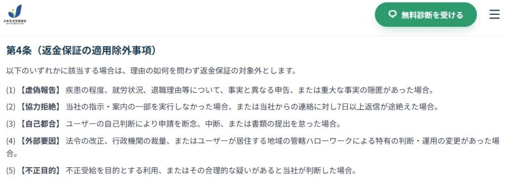 日本生活支援協会の返金規定第4条より返金保証の適用除外5項目の記載部分のスクリーンショット