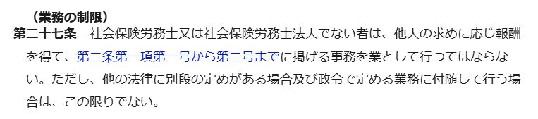 e-Gov法令検索で確認した社会保険労務士法第27条の条文(申請書類の作成・提出代行が社労士の独占業務であることを規定)