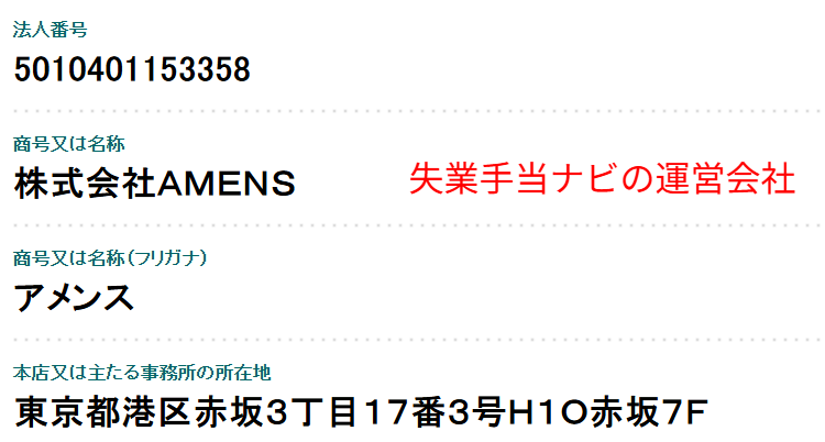 株式会社AMENS(法人番号5010401153358)の国税庁法人番号公表サイトに登録された本店所在地と登記情報のスクリーンショット