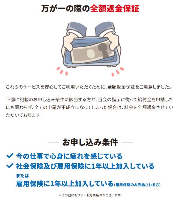 全国退職者支援会の公式LPに記載された全額返金保証の条件とお申し込み条件のスクリーンショット